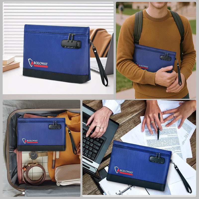 ROLOWAY Fireproof Money Bag with Lock for Cash, 6400°F Fire Proof Document Bag (12.2 x 8.5 x 1.6 inches), Money Pouch with Zipper (Blue) - Image 5